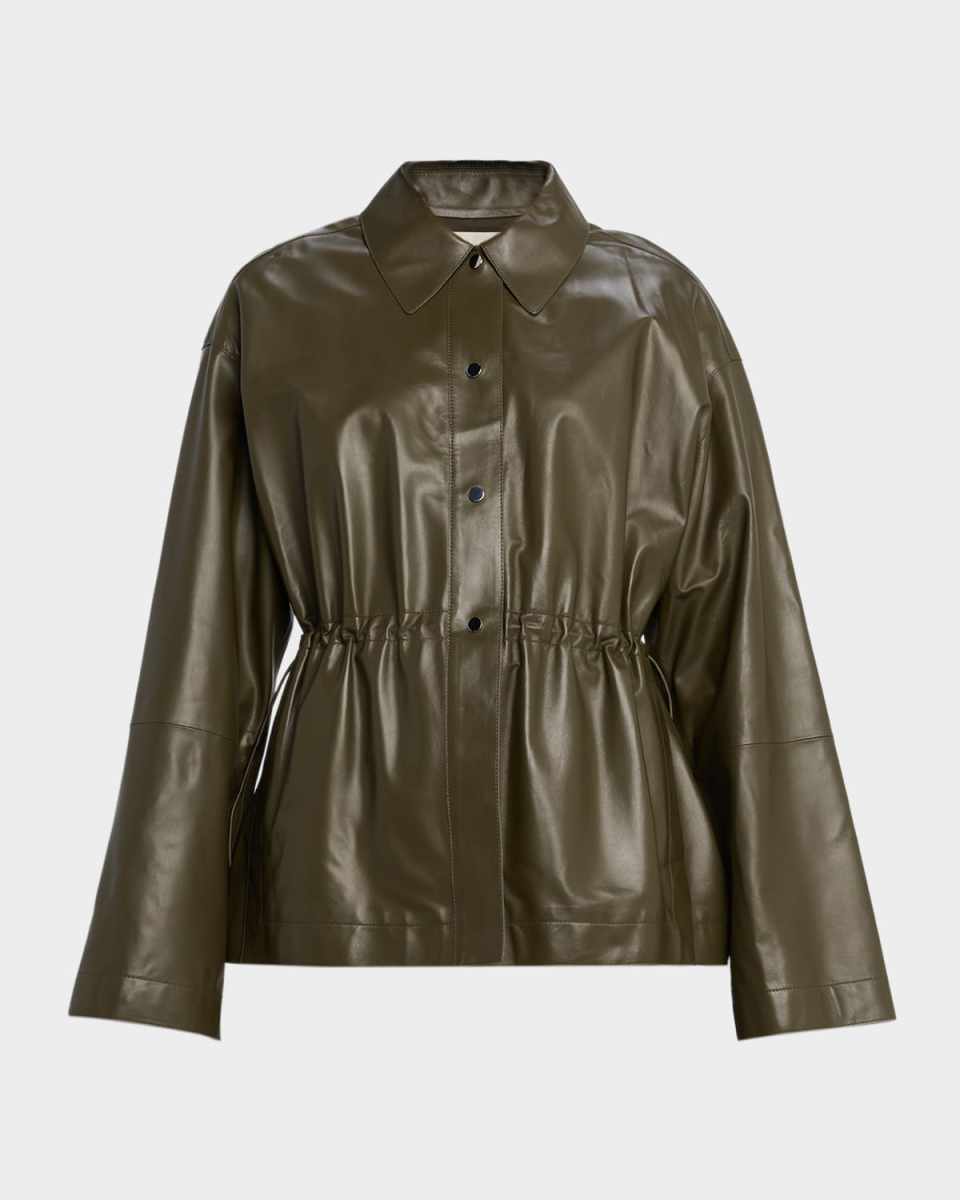 Drawstring Lambskin Leather Shirt Jacket